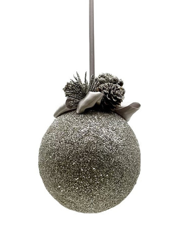 Bauble Ornament with Pinecones- Small, Silver