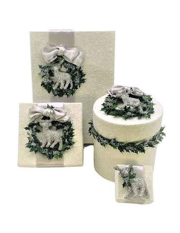 Deer and Holly Wreath Box - Square, Cream