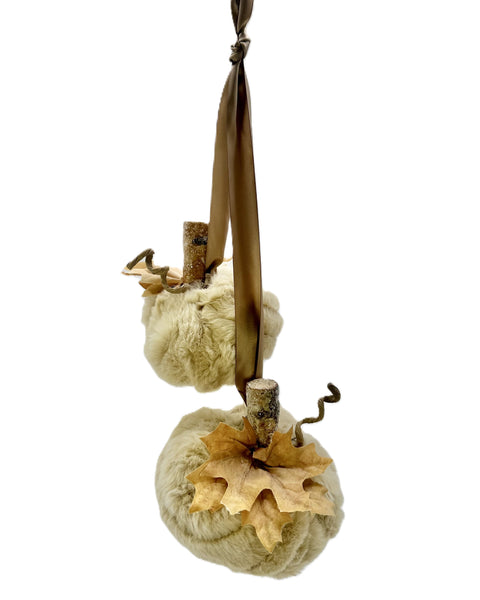 Iced Double Hanging Pumpkins with Maple Leaves - Walnut