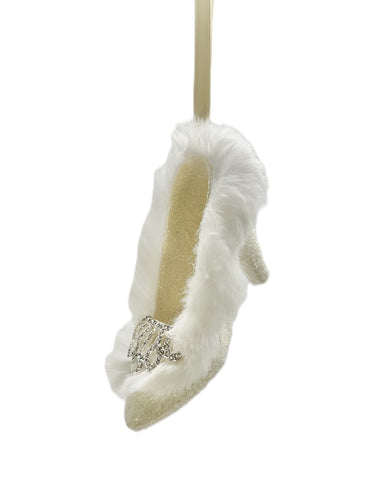 Pump with Brooch & Fur Trim Ornament - Cream, White Fur