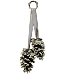 Double Hanging Pinecones - Portabello Ribbon, Silver