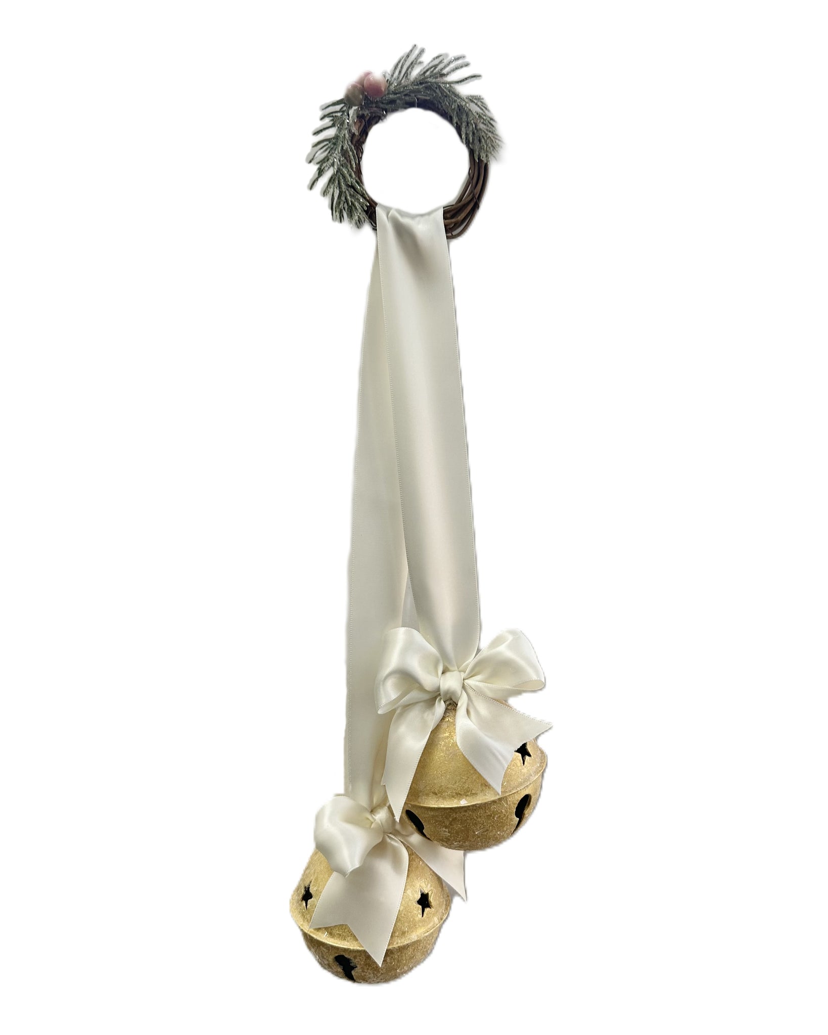 Double Hanging Jingle Bells - Silver, Taupe Ribbon