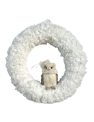 Fur 18" Shaggy Wreath with Owl - Cream