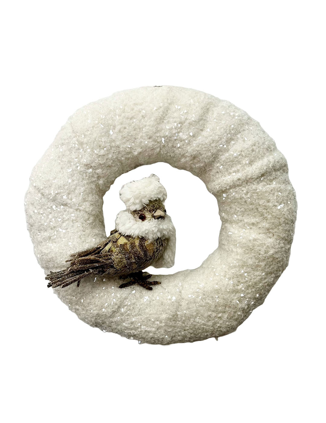 Fur 12" Wreath with Sparrow - Cream