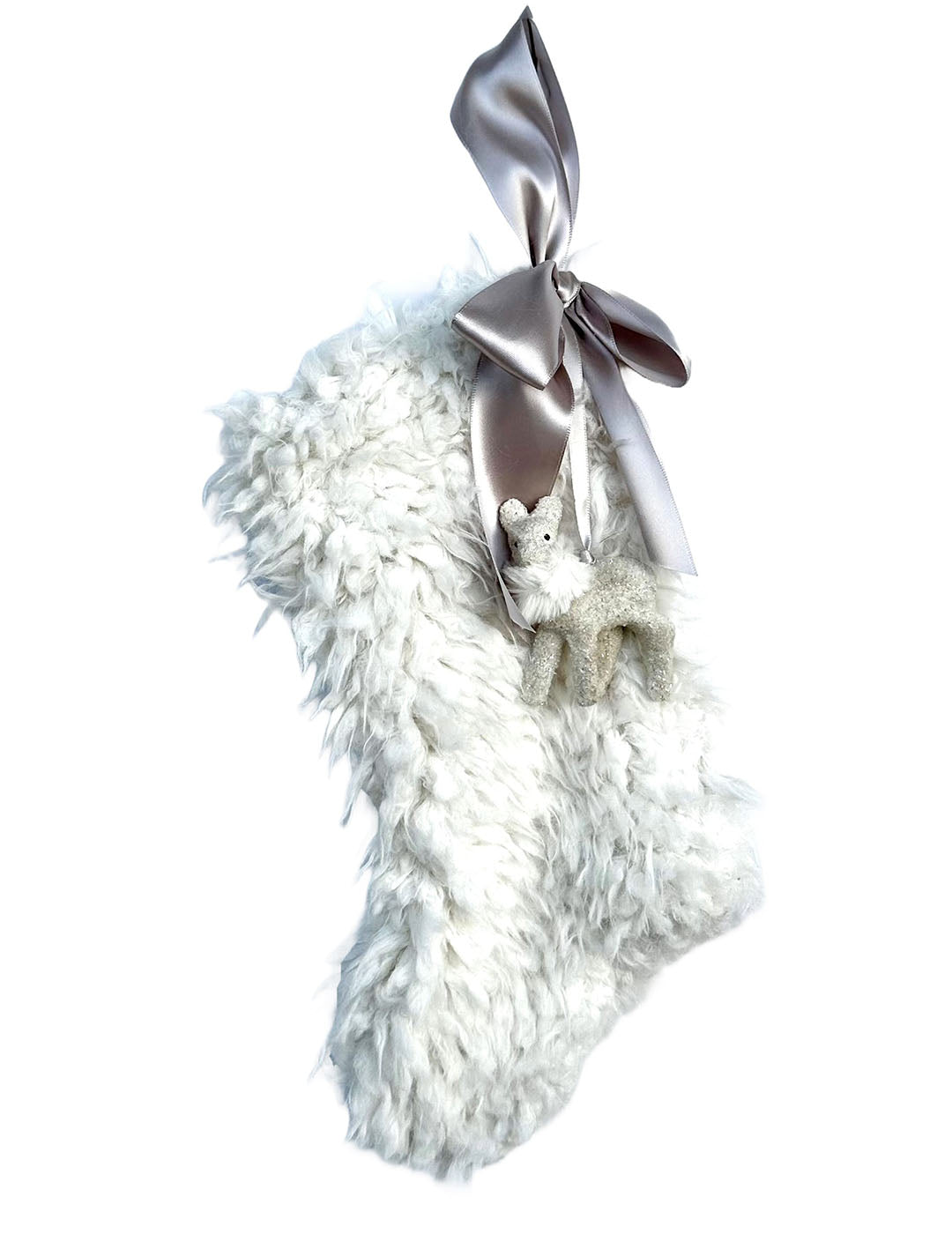 Stocking with Silver Fawn 12" - Small, Shaggy Cream Fur
