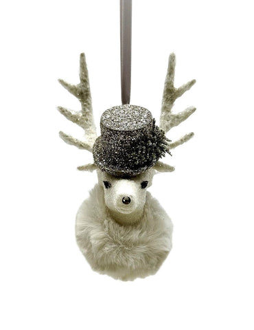 Stag with Top Hat Ornament - Cream, Bisque Fur