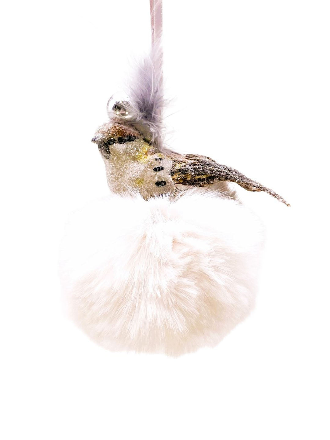 Bird with Orb on Pouf Ornament - Eggshell Fur