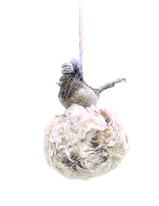 Bird with Orb on Pouf Ornament - Spotted Fur