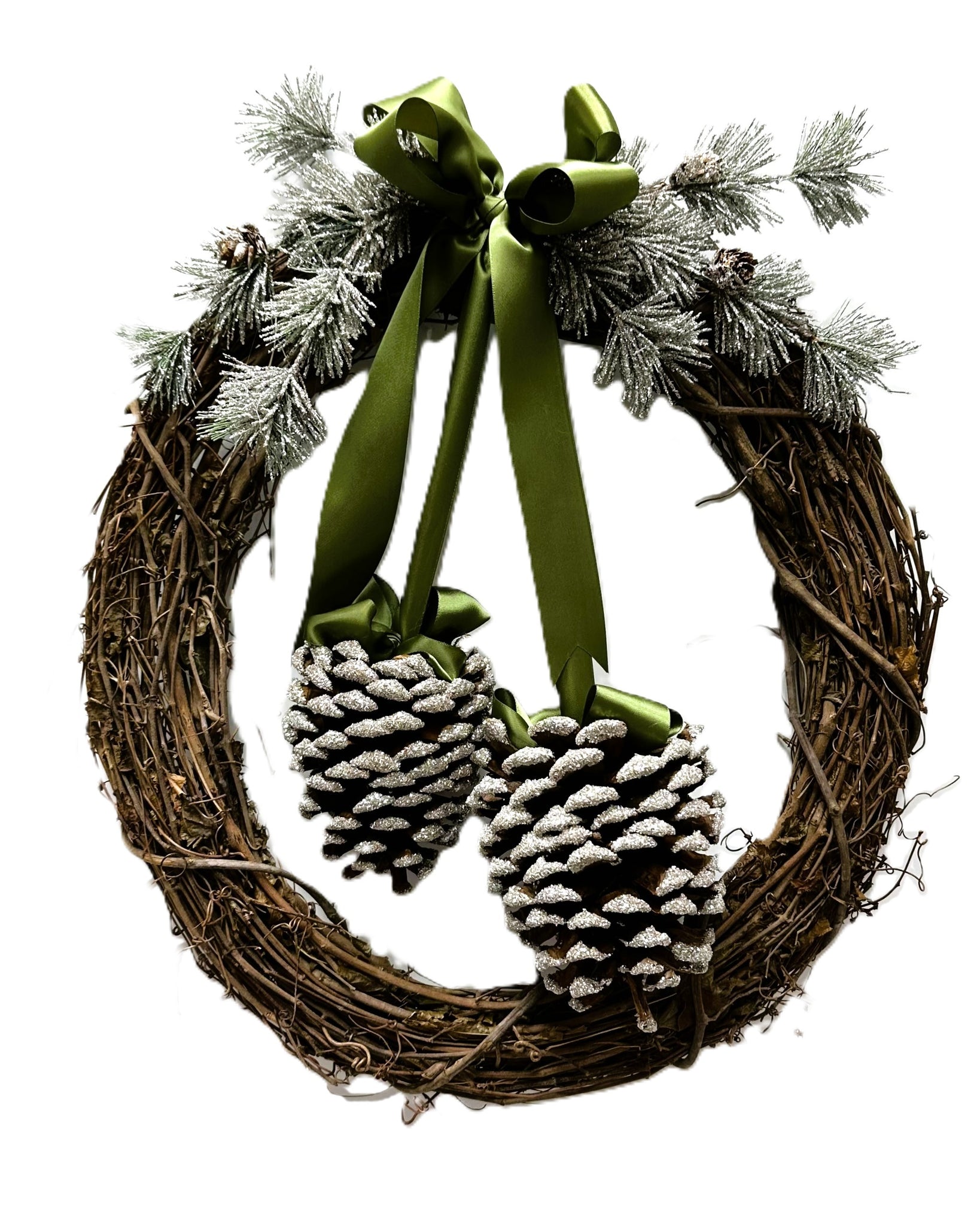 Twig Wreath with Double Hanging Pinecones - Moss, Silver