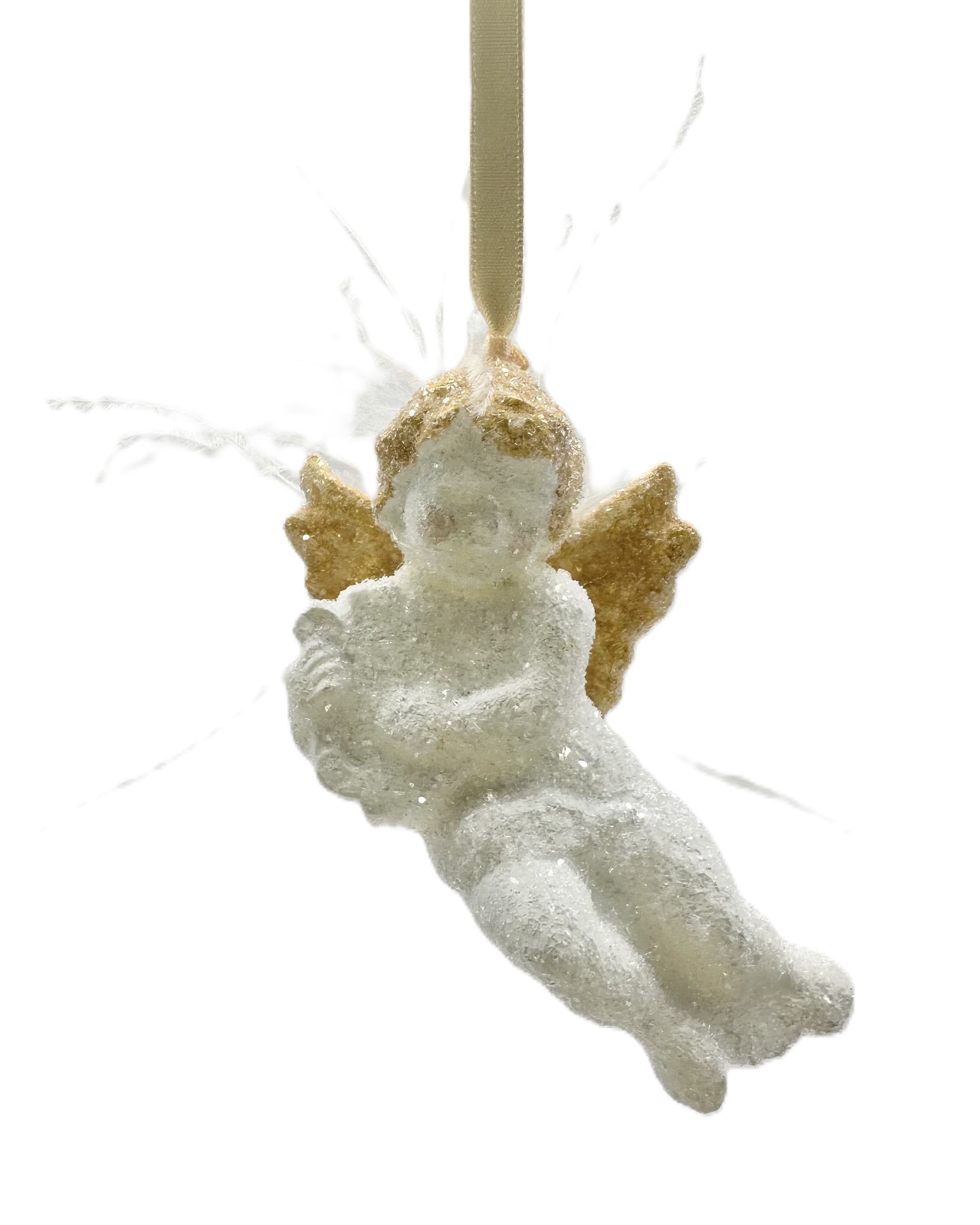 Cherub Ornament with Ostrich Feathers - White & Gold