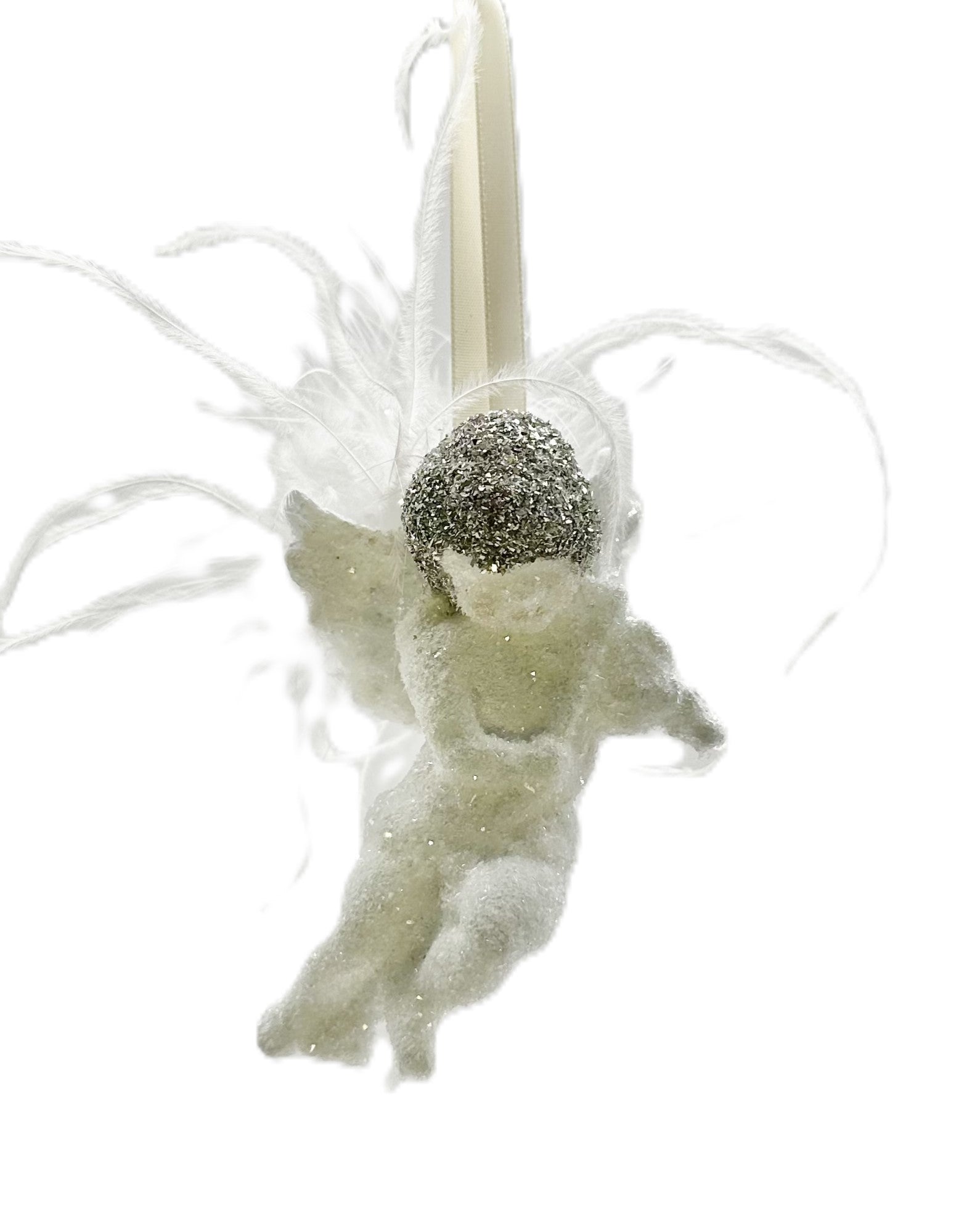Cherub Ornament with Ostrich Feathers - White