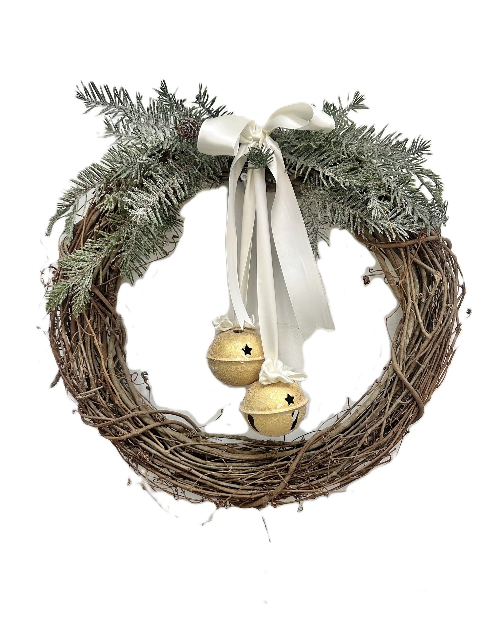 Twig Wreath with Double Hanging Jingle Bells - Gold