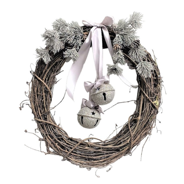 Twig Wreath with Double Hanging Jingle Bells - Silver