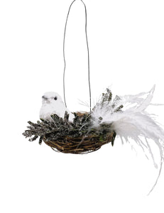 Dove in Nest Ornament - Silver, Ostrich Feathers