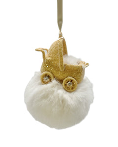 Baby Buggy on Pouf Ornament - Gold, Eggshell Fur