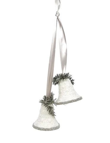Hanging Double Bell with Pine Needles - Dove, Oyster Ribbon