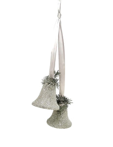 Hanging Double Bell with Pine Needles - Silver, Oyster Ribbon