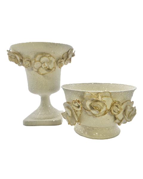 Pedestal Vase with Blossom - Cream & Gold