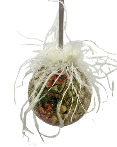Decoupaged Berries Bauble Ornament -  Small, Ostrich Feathers
