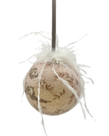 Decoupaged Toile Bauble Ornament, Small -  Pink & Brown, Ostrich Feathers