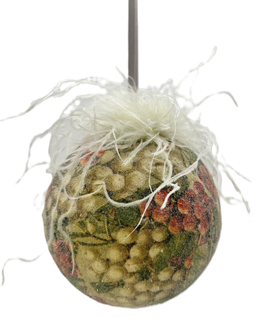 Decoupaged Berries Bauble Ornament, Large - Green, Ostrich Feathers