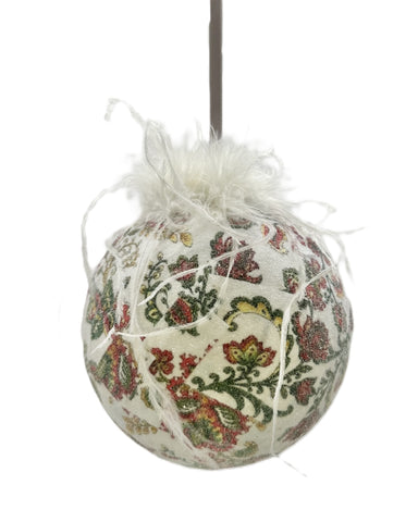 Decoupaged Jacobean Bauble Ornament, Large -  Multi-colors, Ostrich Feathers
