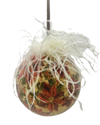 Bauble Ornament, Large - Poinsettias, Ostrich Feathers