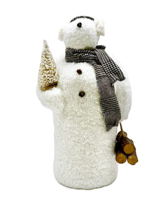 Frosty Snowman with Tweed Scarf and Ear Muffs, Medium - White Sherpa Fur