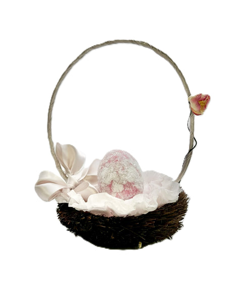 Handled Nest Basket with Egg - Pink Toile