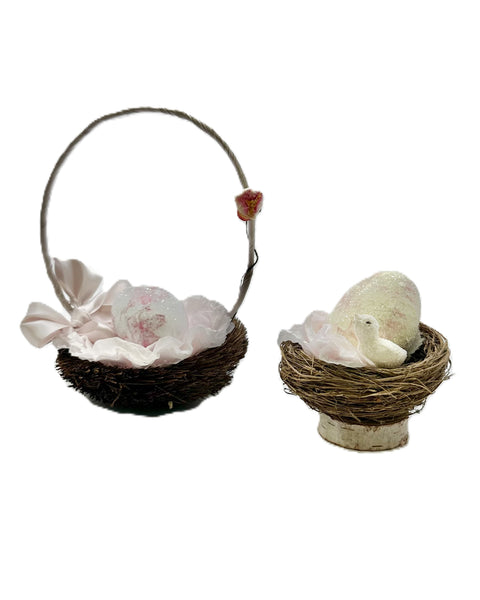 Handled Nest Basket with Egg - Pink Toile