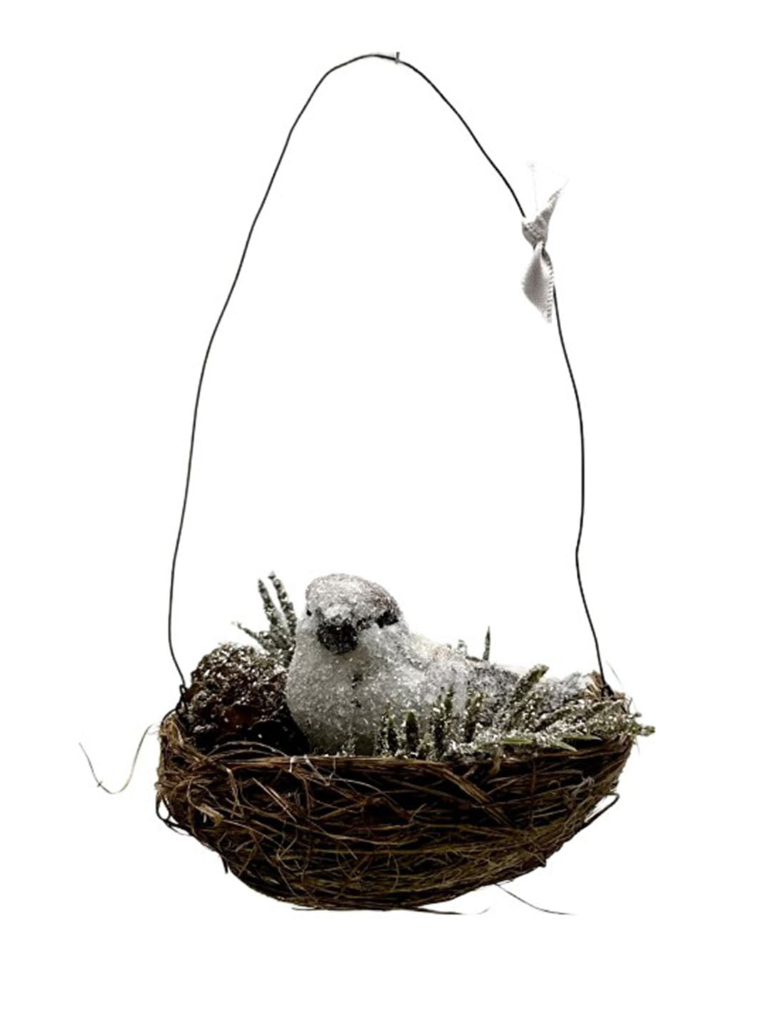 Bird in Nest Ornament - Silver, Ostrich Feathers