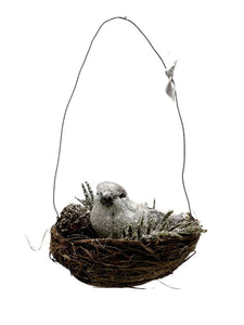Bird in Nest Ornament - Silver, Ostrich Feathers