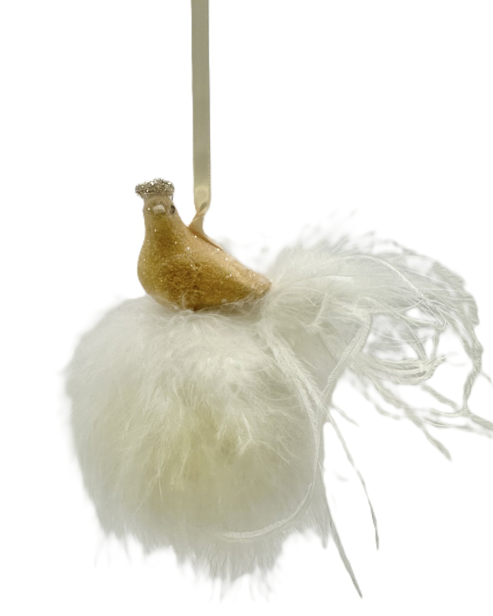 Bird on Feather Pouf Ornament - White & Gold