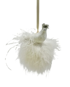 Bird on Feather Pouf Ornament - White