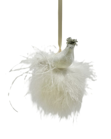 Bird on Feather Pouf Ornament - White