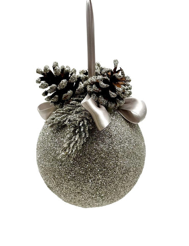 Bauble Ornament with Pinecones, Large - Silver