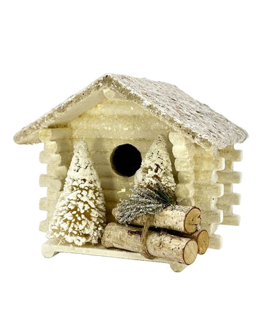 Log Cabin Birdhouse with Gold Roof, Small - Cream