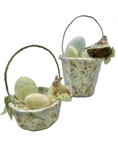 Floral Fauna Basket with Bird - Large, Blue