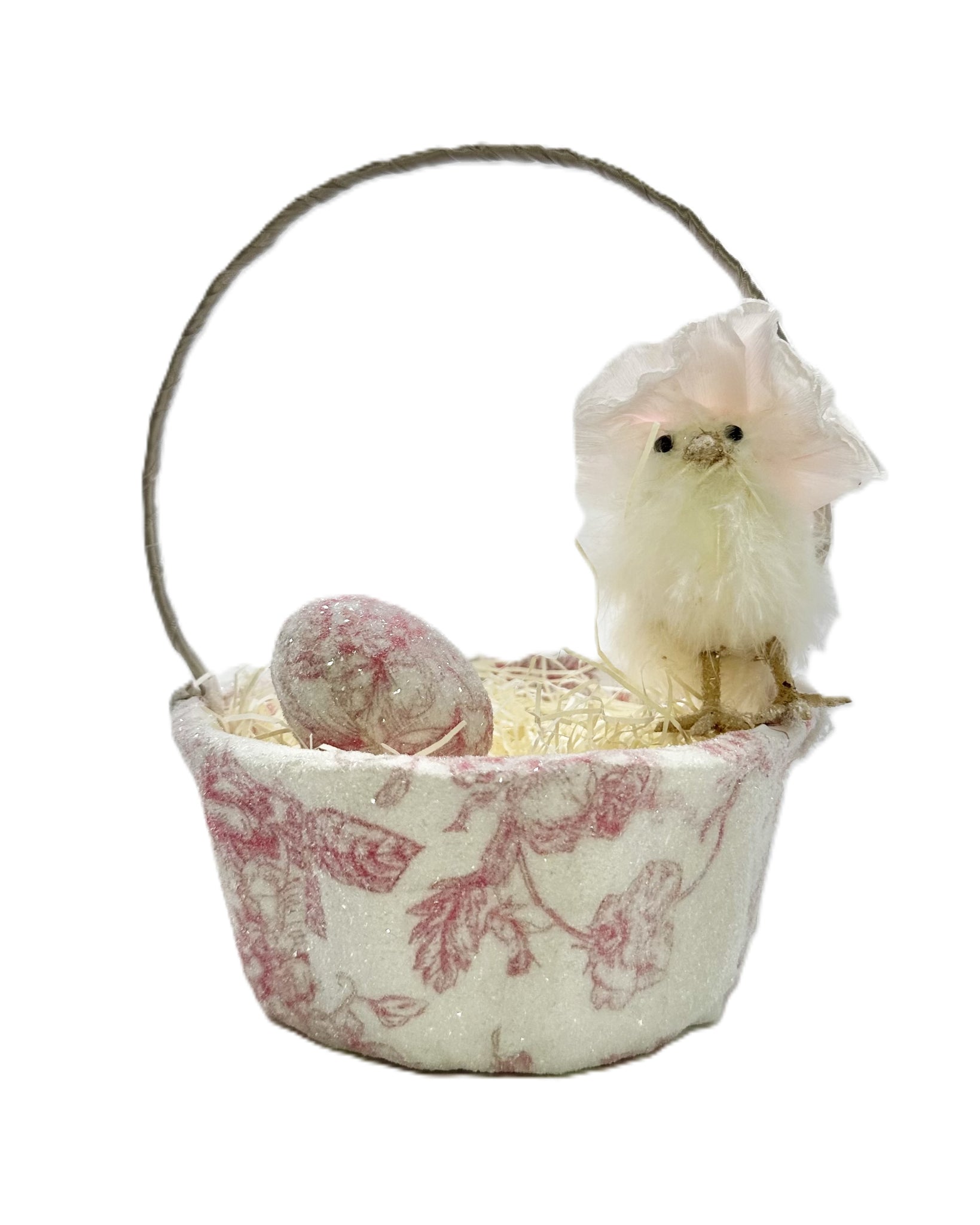 Basket with Chick - Decoupage, Small, Pink Toile