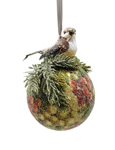 Berries and Bird Decoupage Bauble Ornament - Pine