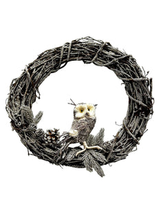 Twig Wreath with Owl - 18" Silver, Natural