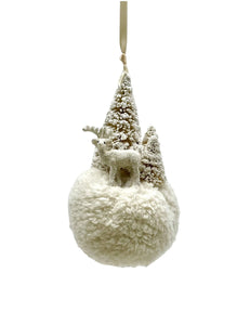 Deer and Trees on Pouf Ornament - Cream, Sherpa Fur