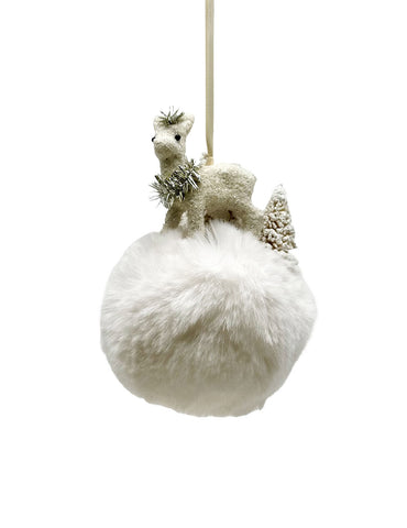 Fawn and Trees on Pouf Ornament - Cream, Eggshell Fur