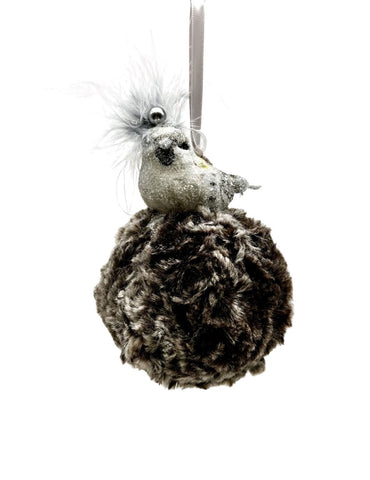 Bird with a Pearl on Pouf Ornament - Ash Fur
