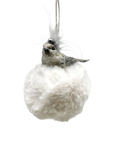 Bird with a Pearl on Pouf Ornament - Eggshell Fur