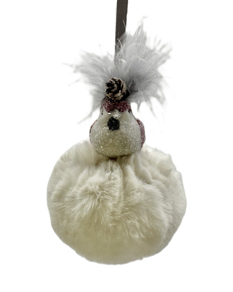 Bird with on Pouf Ornament - Ivory Fur