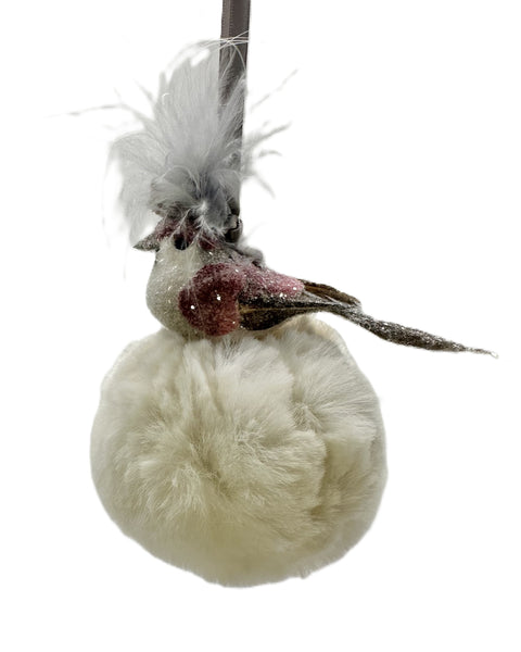 Bird with on Pouf Ornament - Ivory Fur