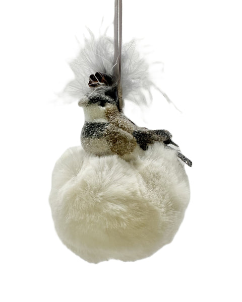 Bird with on Pouf Ornament - Ivory Fur