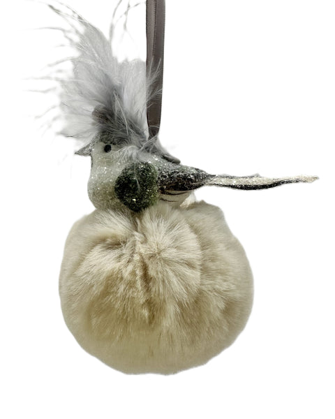Bird with on Pouf Ornament - Mushroom Fur
