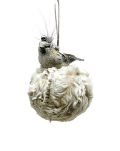 Bird with a Pearl on Pouf Ornament - Spotted Fur